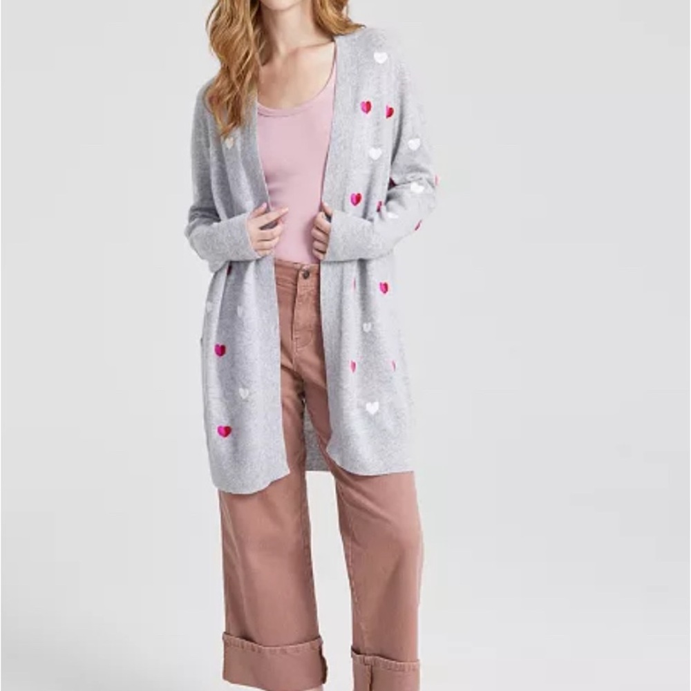 Women's Cashmere Heart-Embroidered Long Open Cardigan